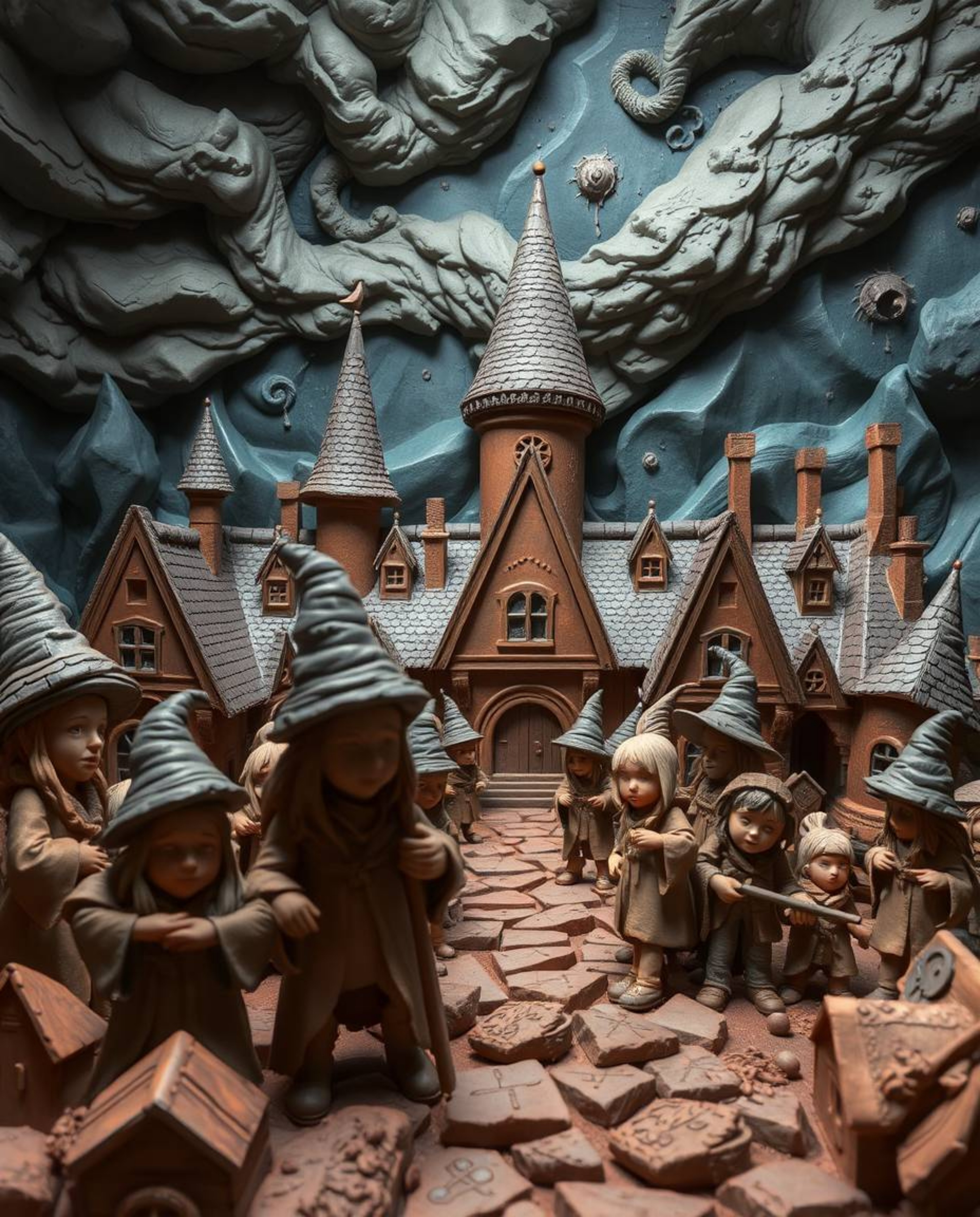 Experience a whimsical world of young wizards attending a magical school, brought to life through stunning sculptural clay ar
