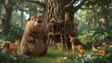 In a high-resolution stock photo with a whimsical, Pixar-like style, a friendly beaver with expressive eyes leads a group of