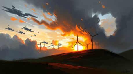 A captivating digital painting depicts a vibrant sunset behind a row of wind turbines perched atop a hill.  The scene is rend