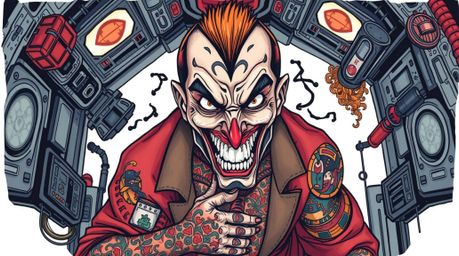 A villain with striking tattoos, detailed facial features, and dark skin is experiencing a hilarious breakdown inside a techn
