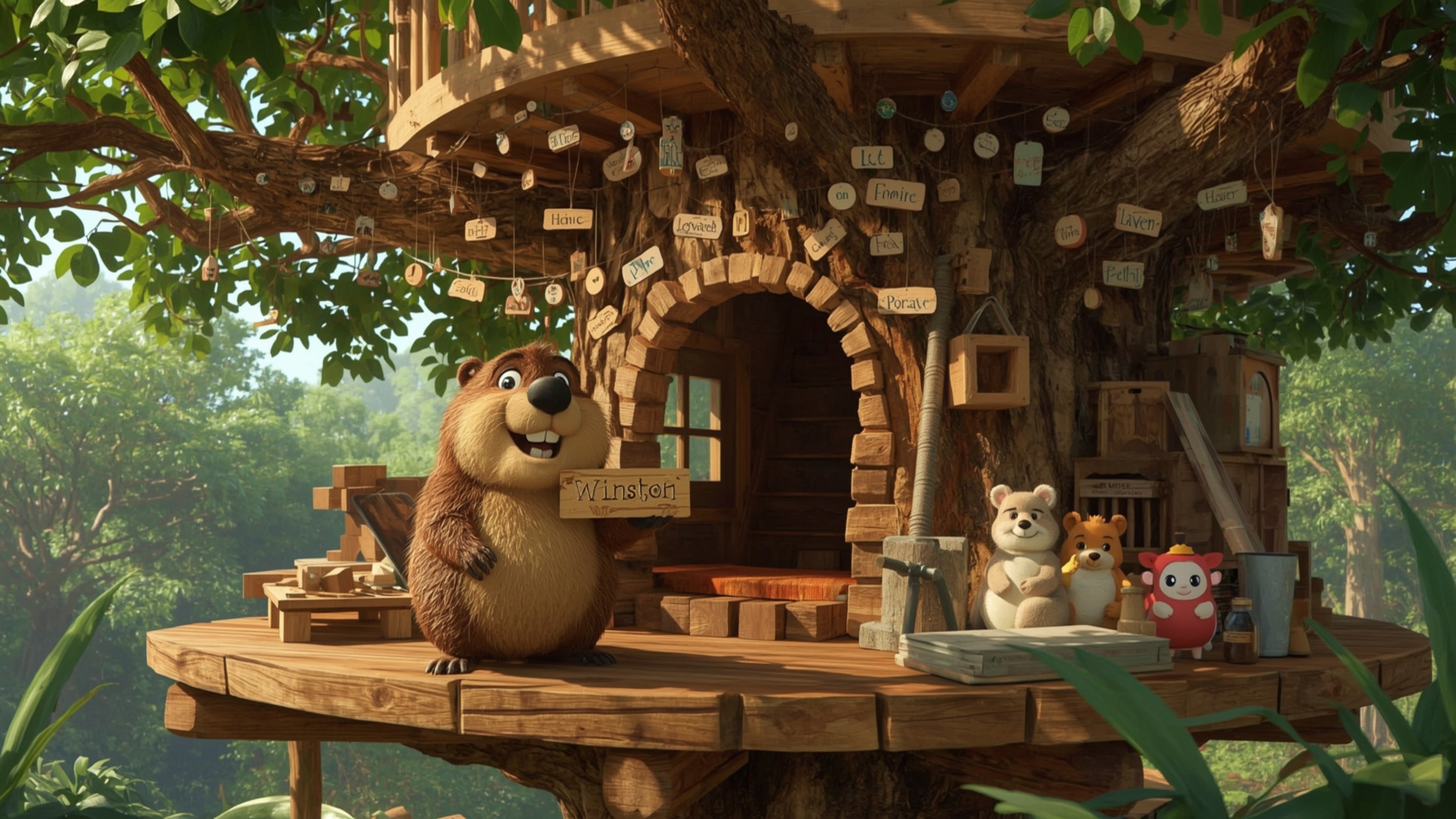 In a highly detailed, high-resolution stock photo inspired by Pixar's signature style, a cheerful beaver named Winston is dep