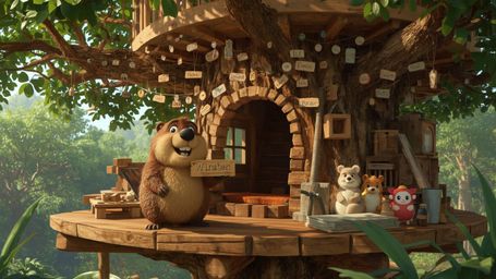 In a highly detailed, high-resolution stock photo inspired by Pixar's signature style, a cheerful beaver named Winston is dep