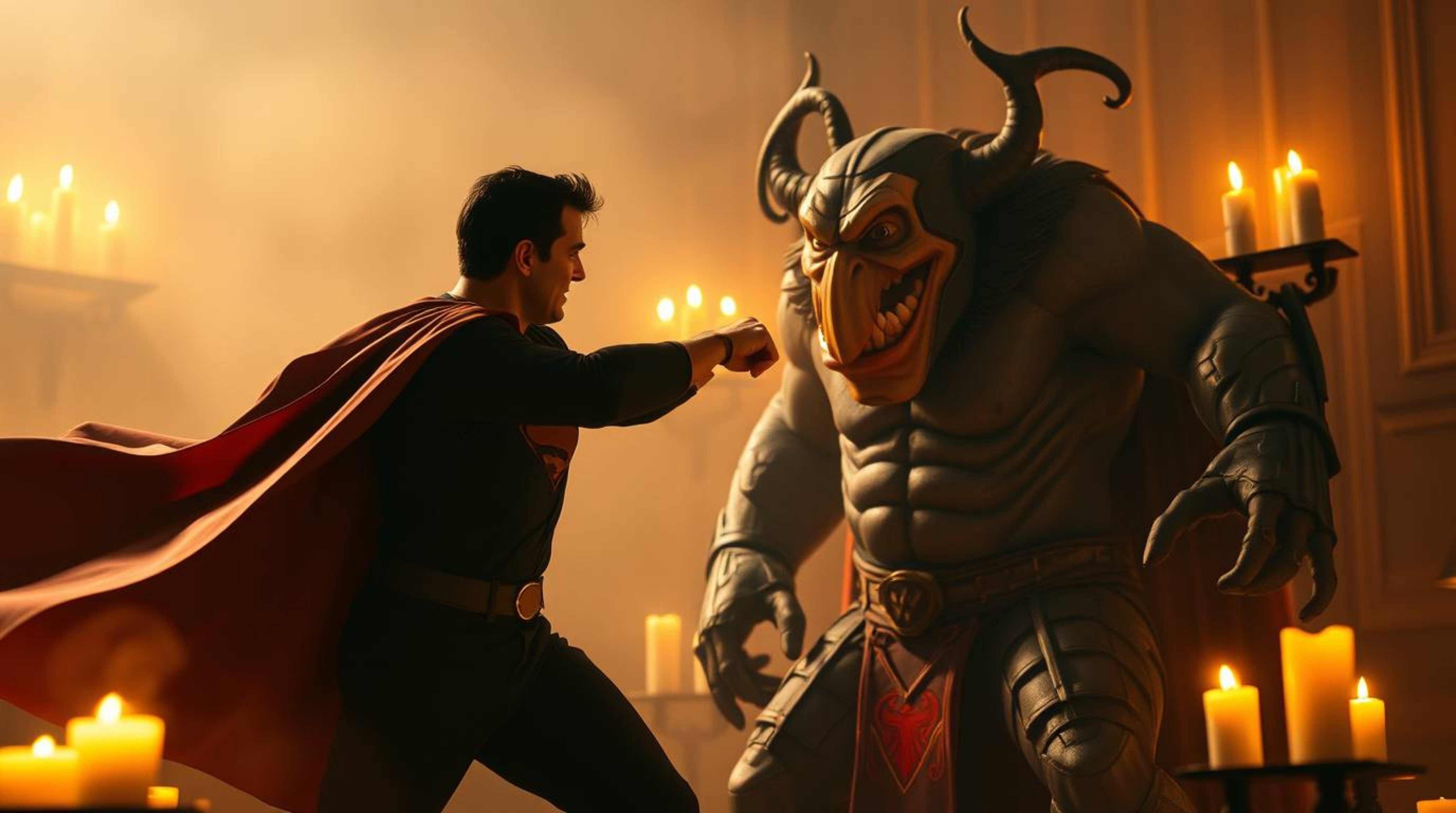 A whimsical scene depicts a superhero, cape billowing, engaged in a battle with a comically oversized villain.  The warm glow