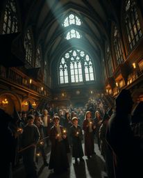 Discover a captivating high-angle rendering of a magical school brimming with young wizards.  The image employs a dramatic hi