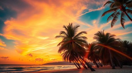 Experience the breathtaking beauty of a tropical beach sunset. This vibrant image features swaying palm trees, bright lens fl