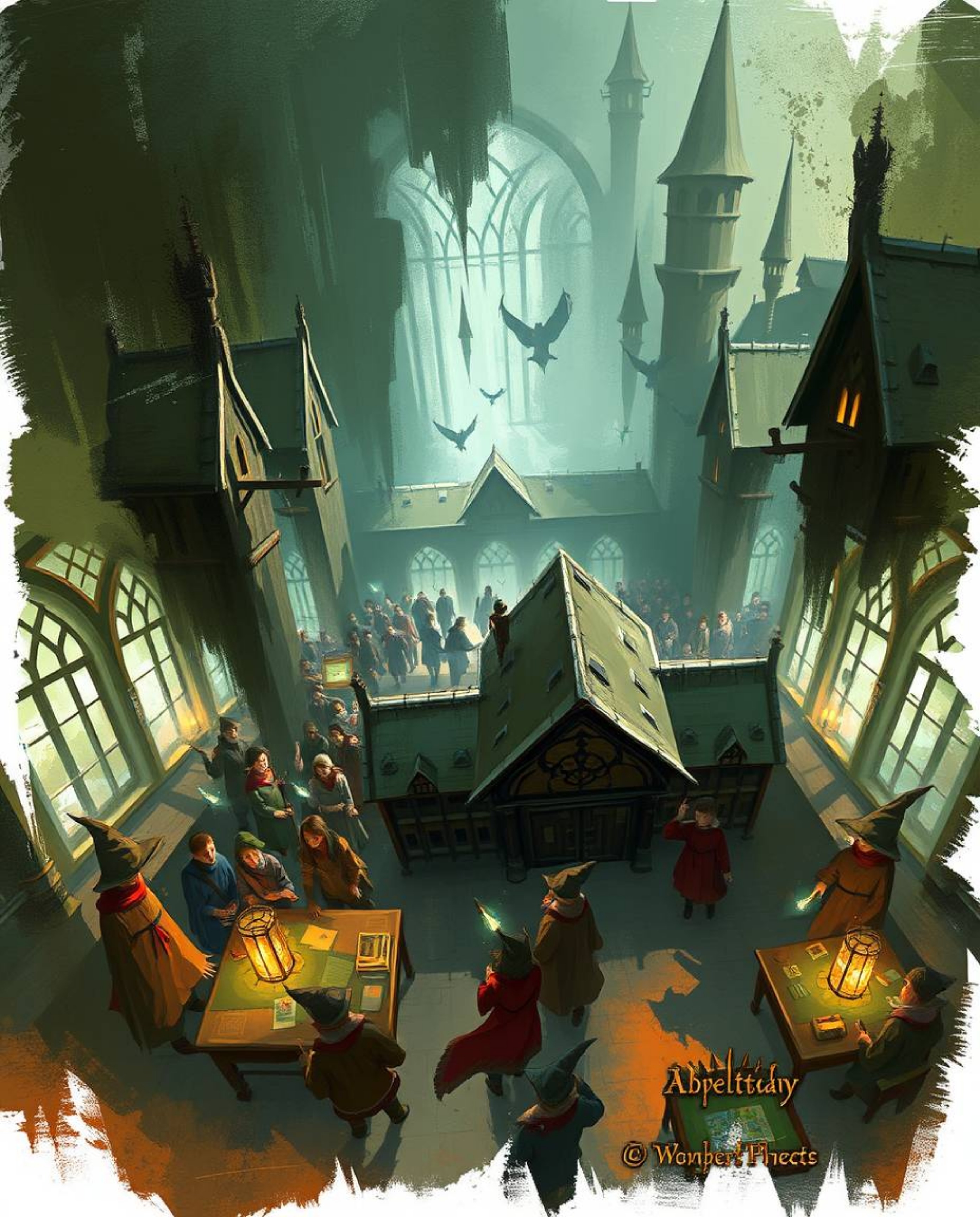 A dynamic digital sketch depicting a magical school teeming with young wizards, presented from an overhead bird's eye perspec