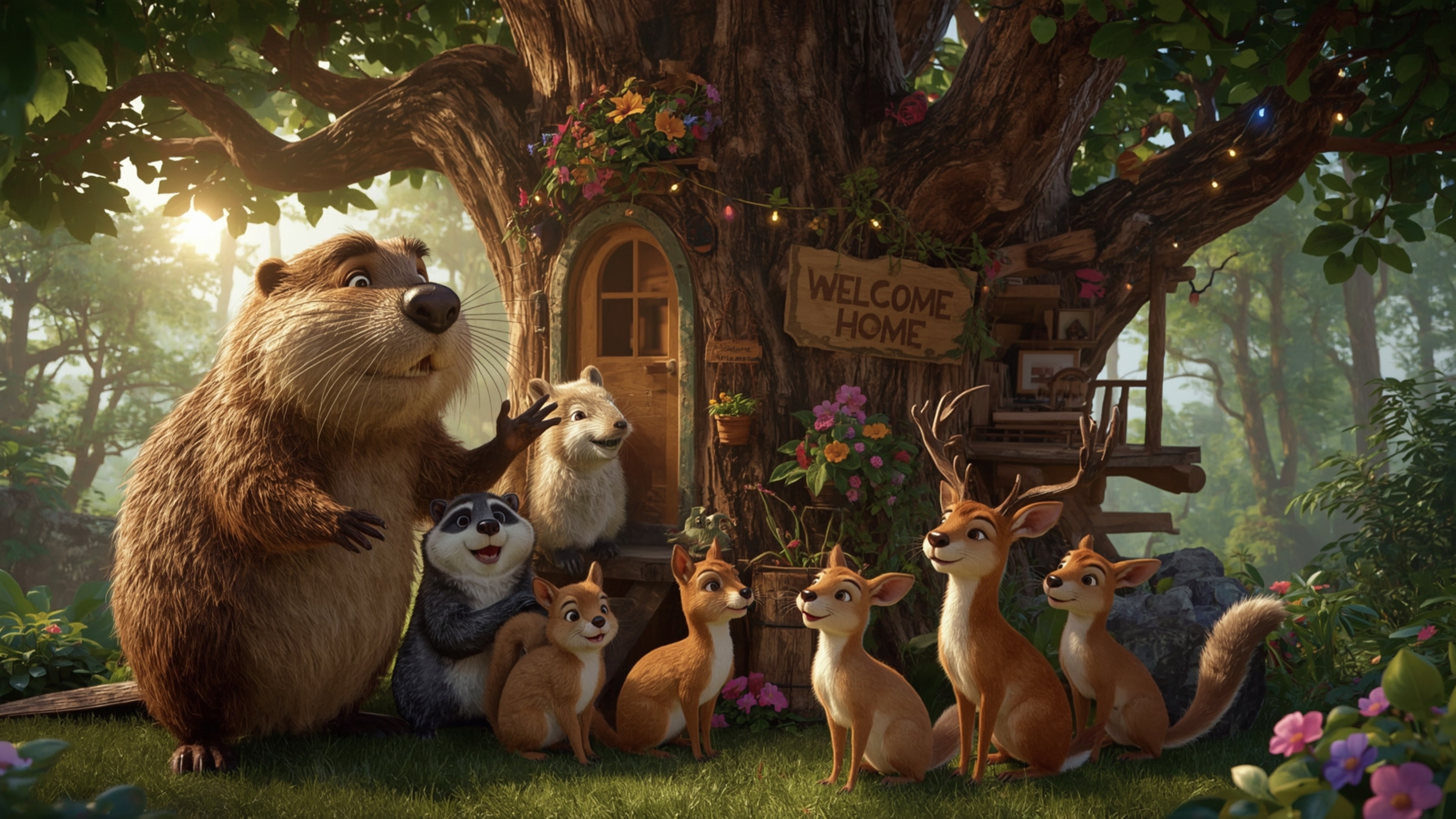 In a vibrant, high-resolution stock photo with a Pixar-like feel, a kind, smiling beaver is building a whimsical treehouse in
