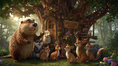 In a vibrant, high-resolution stock photo with a Pixar-like feel, a kind, smiling beaver is building a whimsical treehouse in