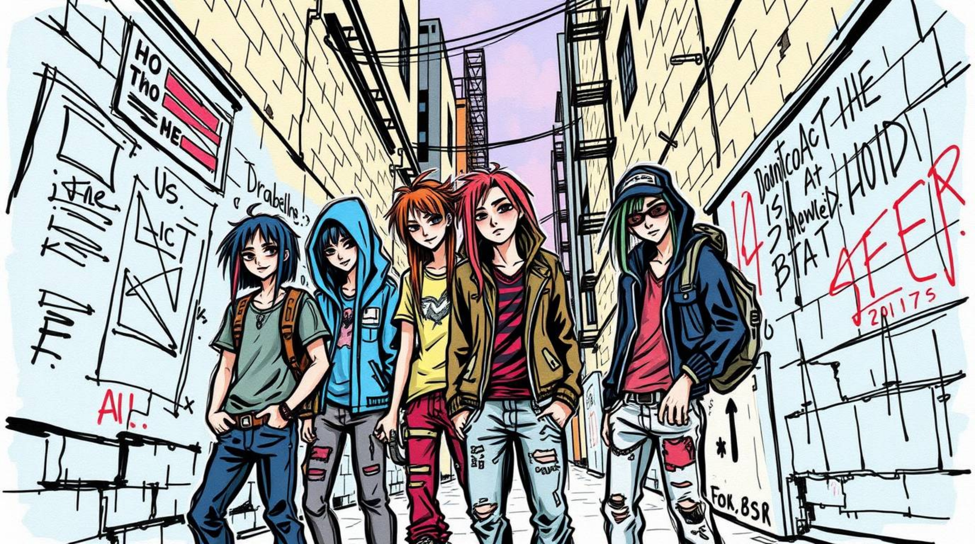 This hand-drawn color sketchnote captures the essence of rebellious teens within a grungy city alley, brought to life with el