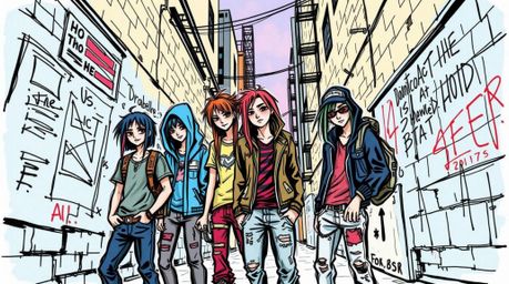 This hand-drawn color sketchnote captures the essence of rebellious teens within a grungy city alley, brought to life with el