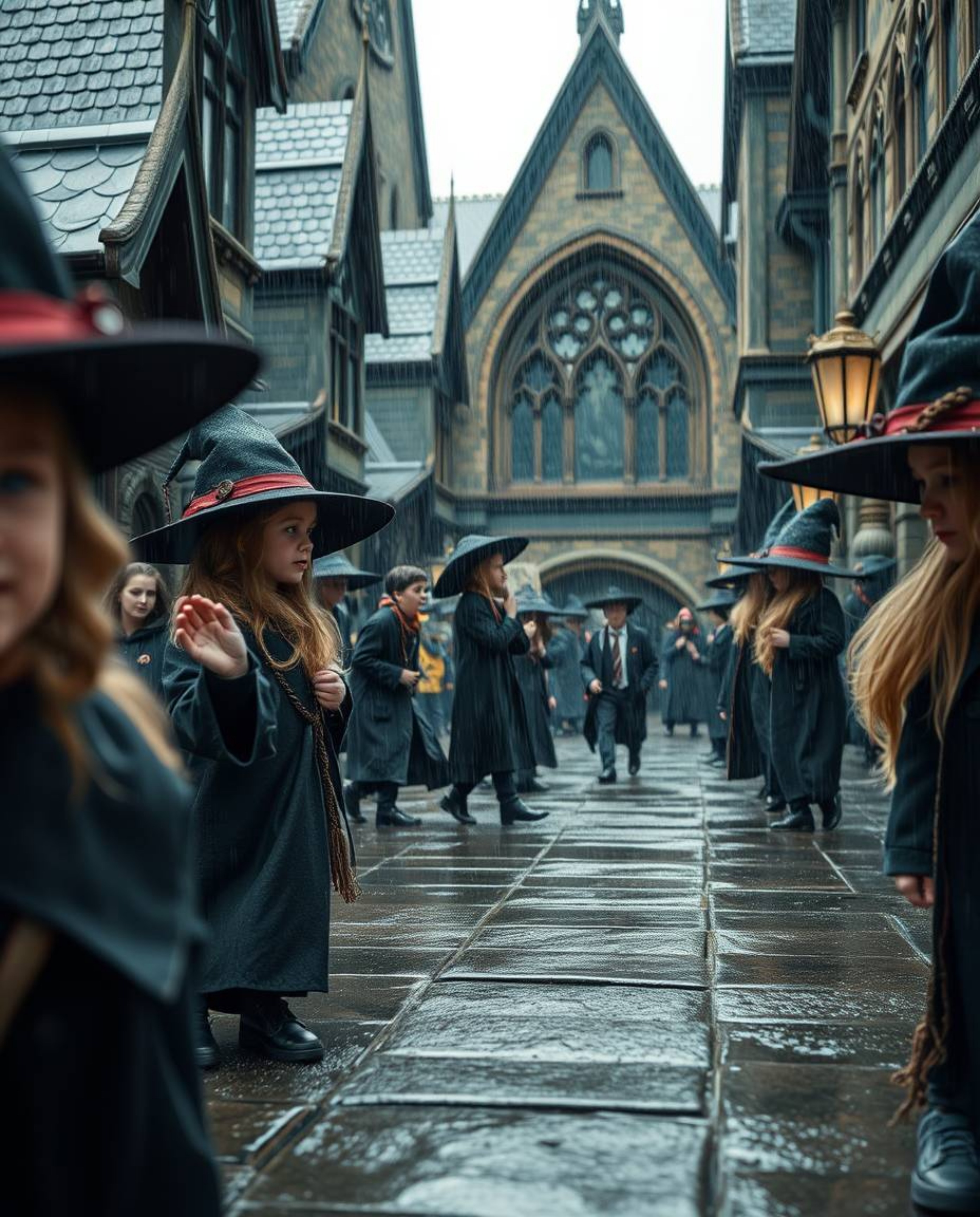 A captivating close-up reveals a magical school bustling with young wizards on a rainy day.  The scene is drenched in a drizz