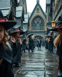 A captivating close-up reveals a magical school bustling with young wizards on a rainy day.  The scene is drenched in a drizz