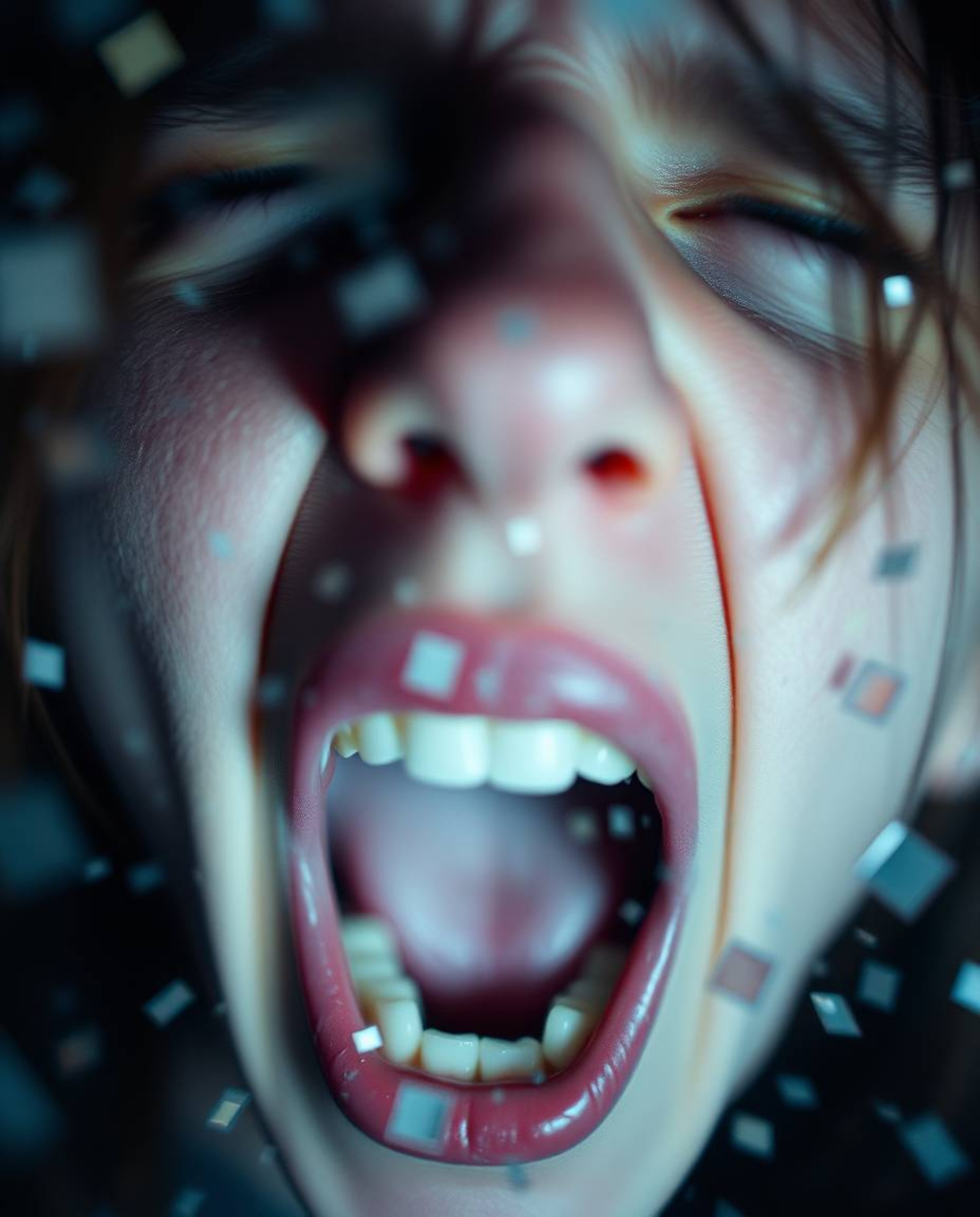 A captivating scene depicting a person screaming, their face partially hidden as the world around them disintegrates into pix