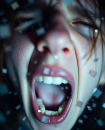 A captivating scene depicting a person screaming, their face partially hidden as the world around them disintegrates into pix