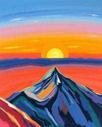 This is a bold acrylic painting of a sunset as seen from a high alpine peak. The artwork showcases a smooth gradient transiti