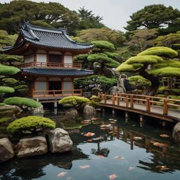 Discover a serene Japanese temple nestled amidst meticulously crafted bonsai trees. Find tranquility in the gentle ripples of