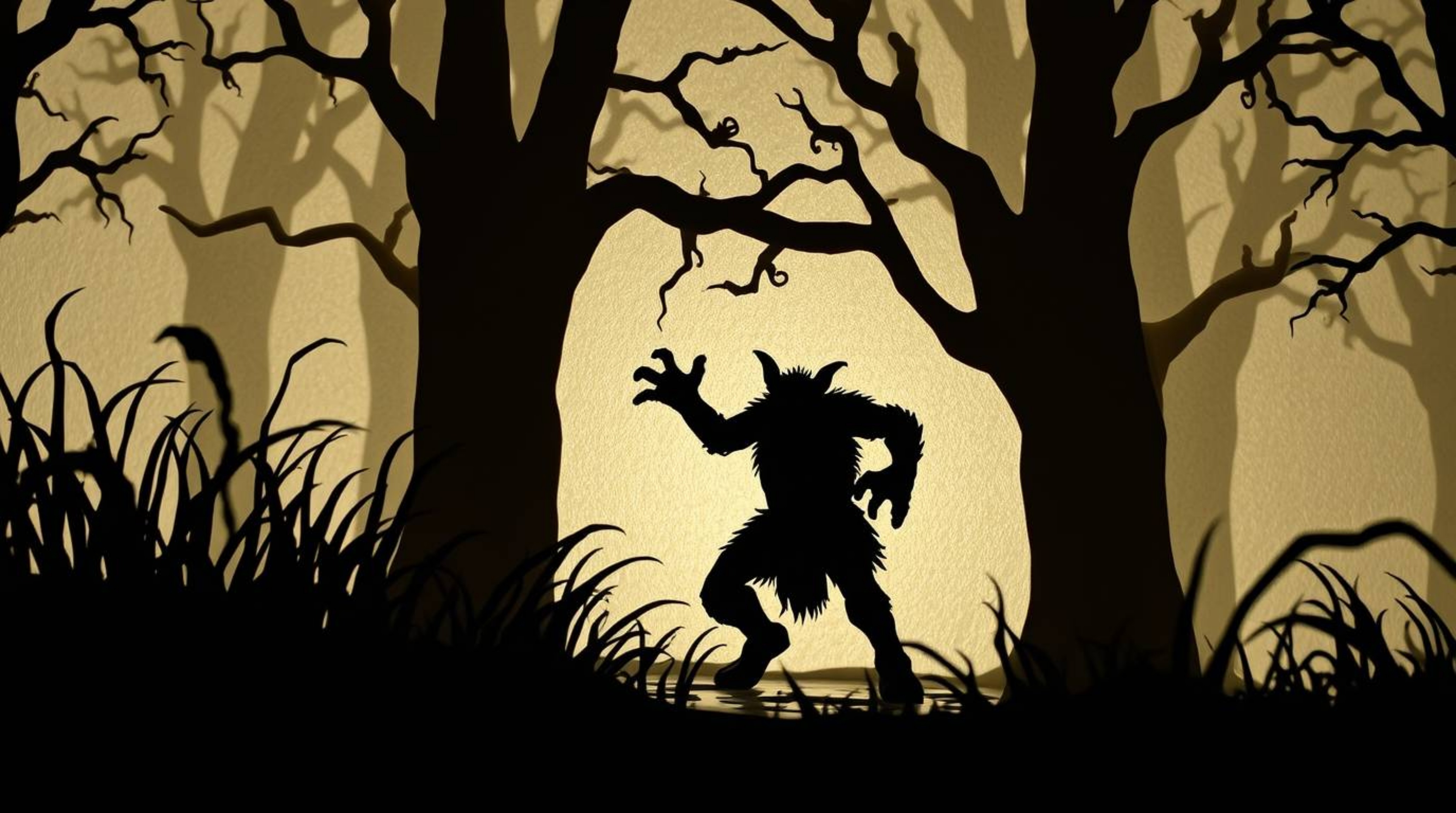 A silhouetted ogre, skillfully crafted from layered papier-mâché, dances rhythmically within a swamp setting. The use of back