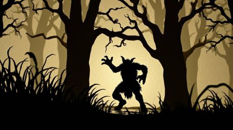 A silhouetted ogre, skillfully crafted from layered papier-mâché, dances rhythmically within a swamp setting. The use of back