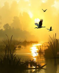 A rough and dynamic digital sketch in a concept art style, depicting a golden hour wetlands scene with herons flying. This ar