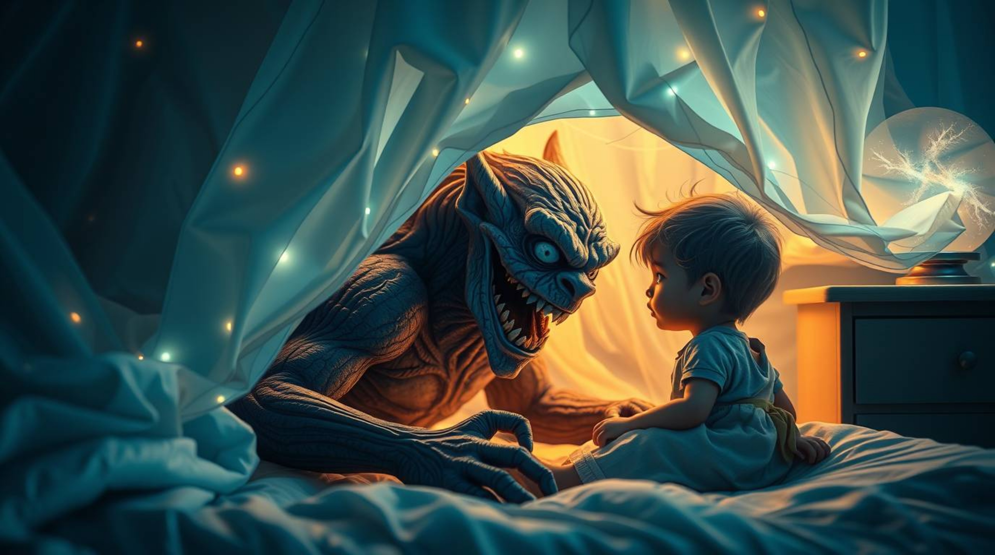 A captivating light art piece depicts an unlikely friendship between a child and a monster residing under their bed.  The art