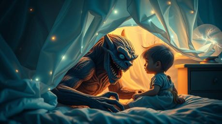 A captivating light art piece depicts an unlikely friendship between a child and a monster residing under their bed.  The art