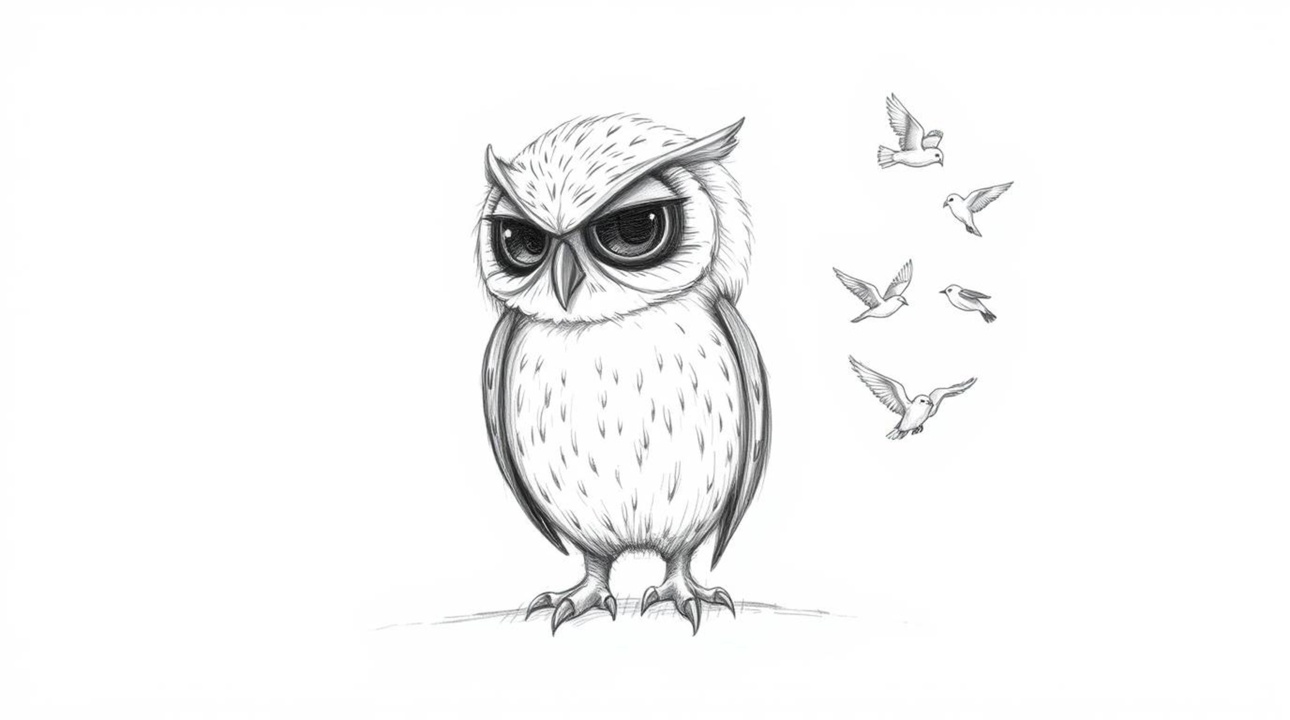 A captivating hand-drawn pencil sketch in Pixar style depicts a blind owl, its feathers meticulously textured, calmly observi