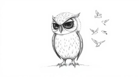 A captivating hand-drawn pencil sketch in Pixar style depicts a blind owl, its feathers meticulously textured, calmly observi