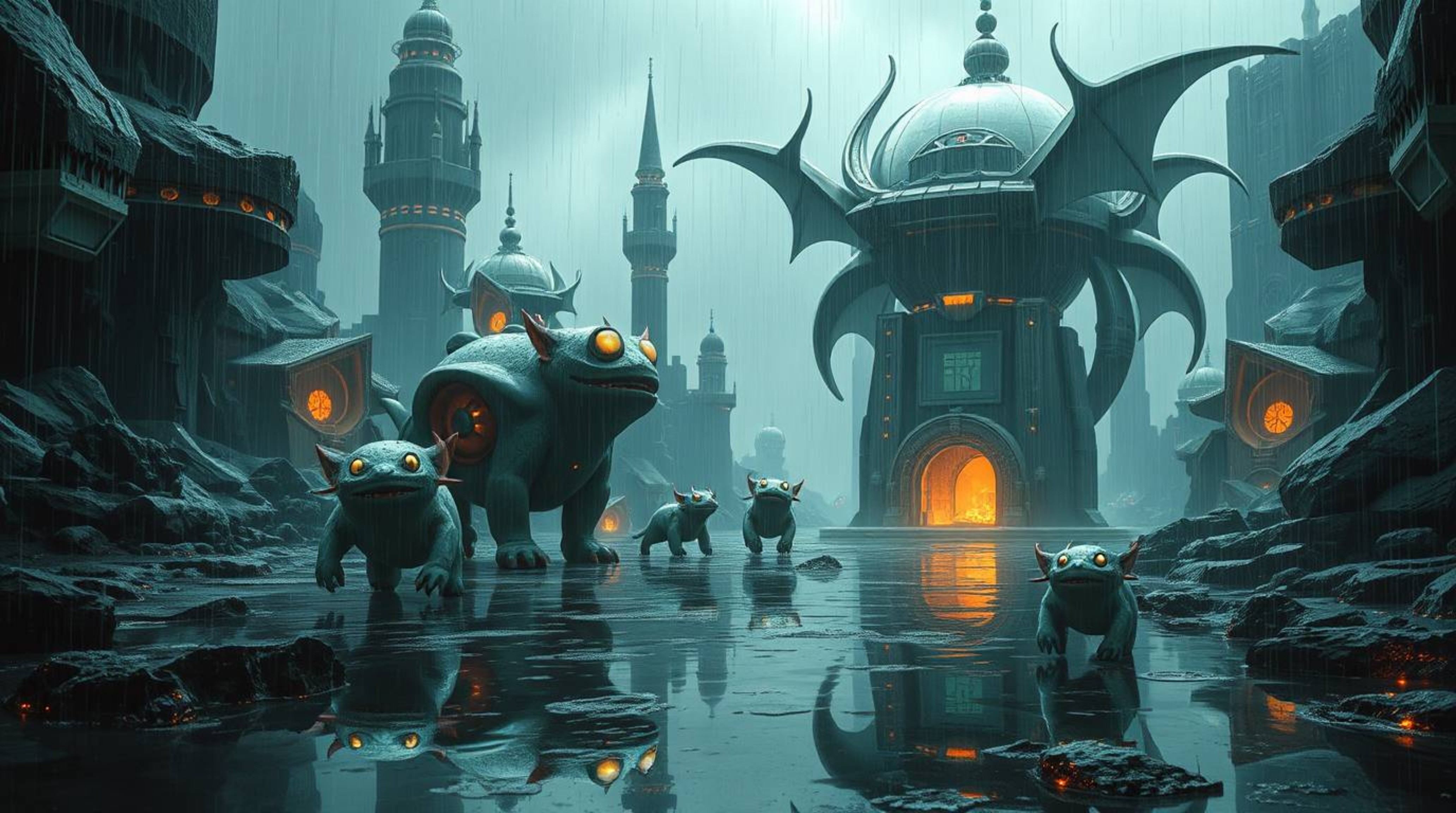 Explore a futuristic sci-fi fantasy kingdom brought to life in a wet and rainy scene, complete with quirky magical creatures 