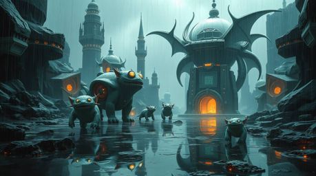 Explore a futuristic sci-fi fantasy kingdom brought to life in a wet and rainy scene, complete with quirky magical creatures 