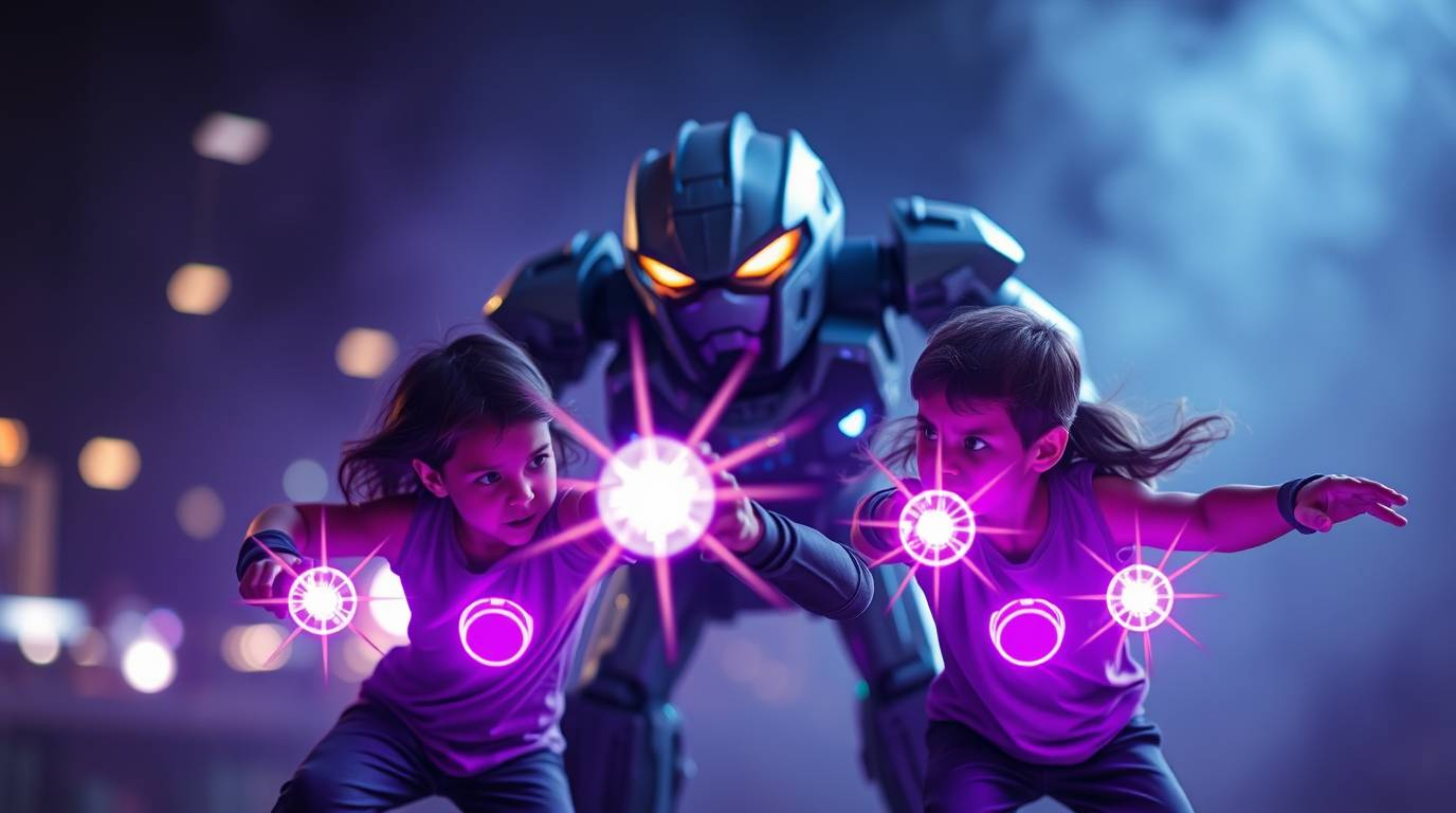 Experience an electrifying battle between three superpowered children and a formidable robot, captured in mesmerizing detail 