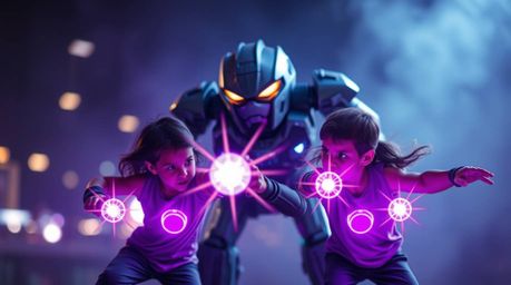 Experience an electrifying battle between three superpowered children and a formidable robot, captured in mesmerizing detail 