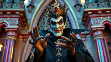 A classic Disney villain, adorned with regal features and cloaked in dark clothing, casts a spell within an ancient castle. T