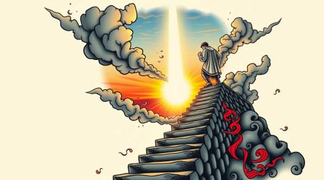 Explore this symbolic traditional tattoo art print featuring a lone figure ascending a stone staircase towards a divine beam 