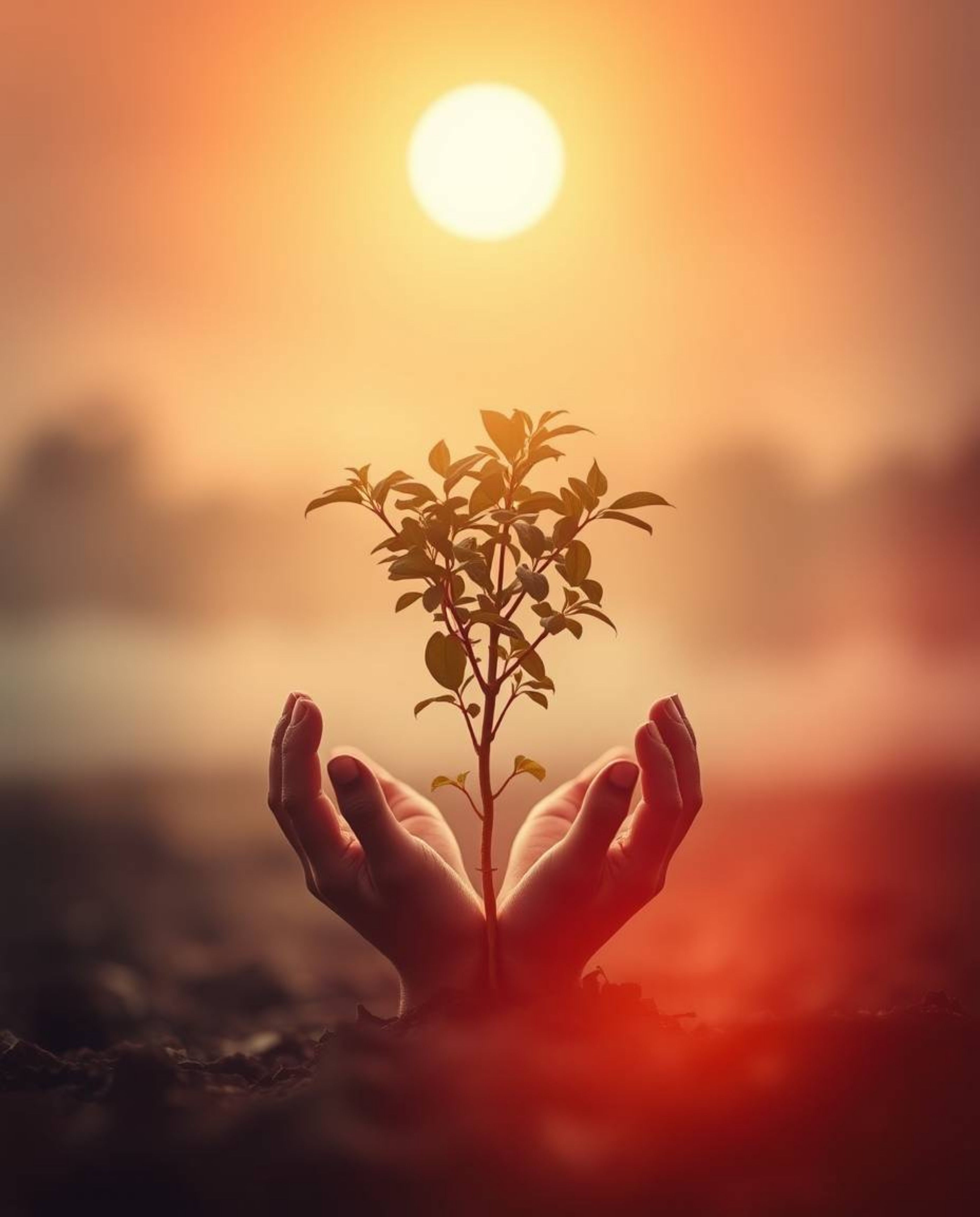 A captivating image depicting hands gently planting a tree under a breathtaking golden sky. Warm hues of red, orange, and yel