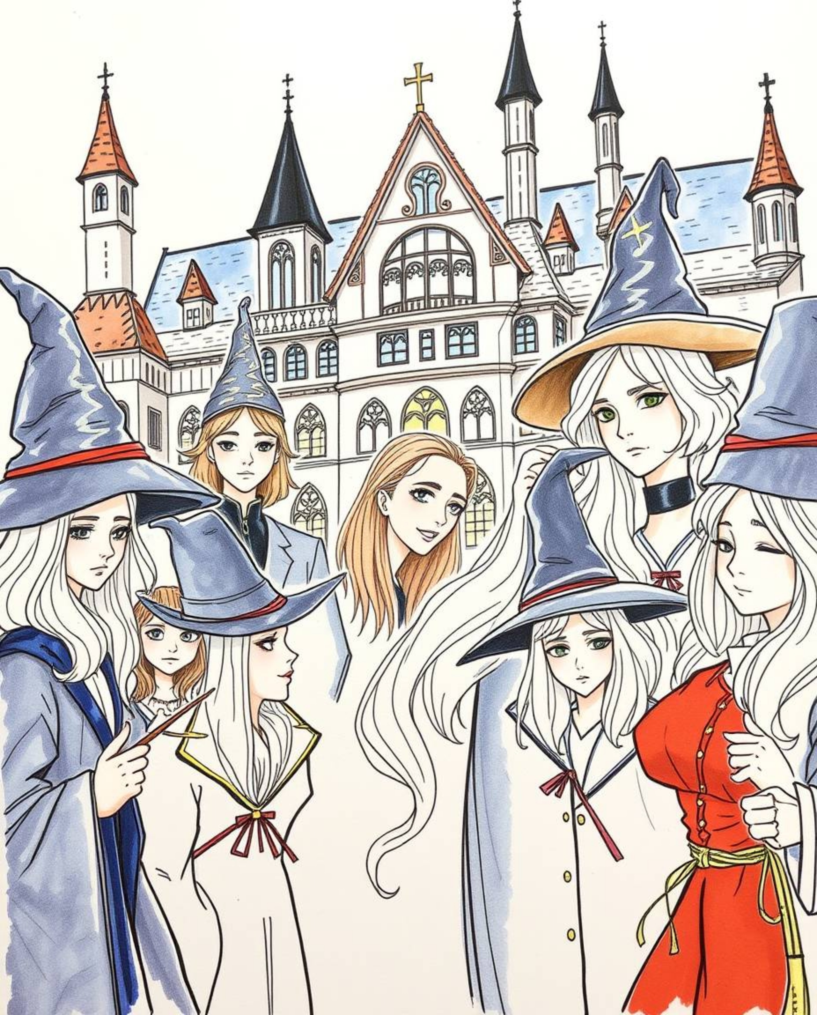 Explore a beautifully hand-drawn color sketchnote depicting a graceful and elegant magical school brimming with young wizards