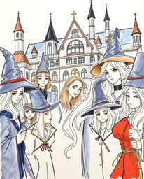 Explore a beautifully hand-drawn color sketchnote depicting a graceful and elegant magical school brimming with young wizards