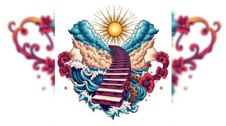 This dynamic and symbolic traditional tattoo art print showcases a dramatic staircase rising from the ocean towards a stormy 