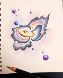 A vibrant color sketchnote depicts colliding galaxies, sharply focused against a soft background.  The image evokes a cosmic 