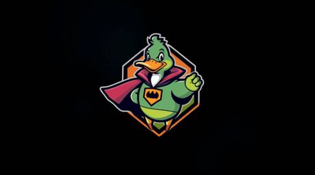This logo design features a vibrant duck in a zany superhero costume, blending bright colors with dark tones to create an eer