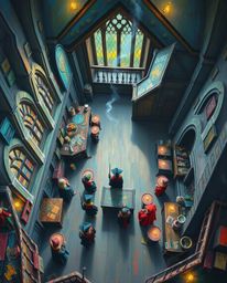 This bold acrylic painting presents a captivating bird's-eye view of a magical school teeming with young wizards. Vibrant col