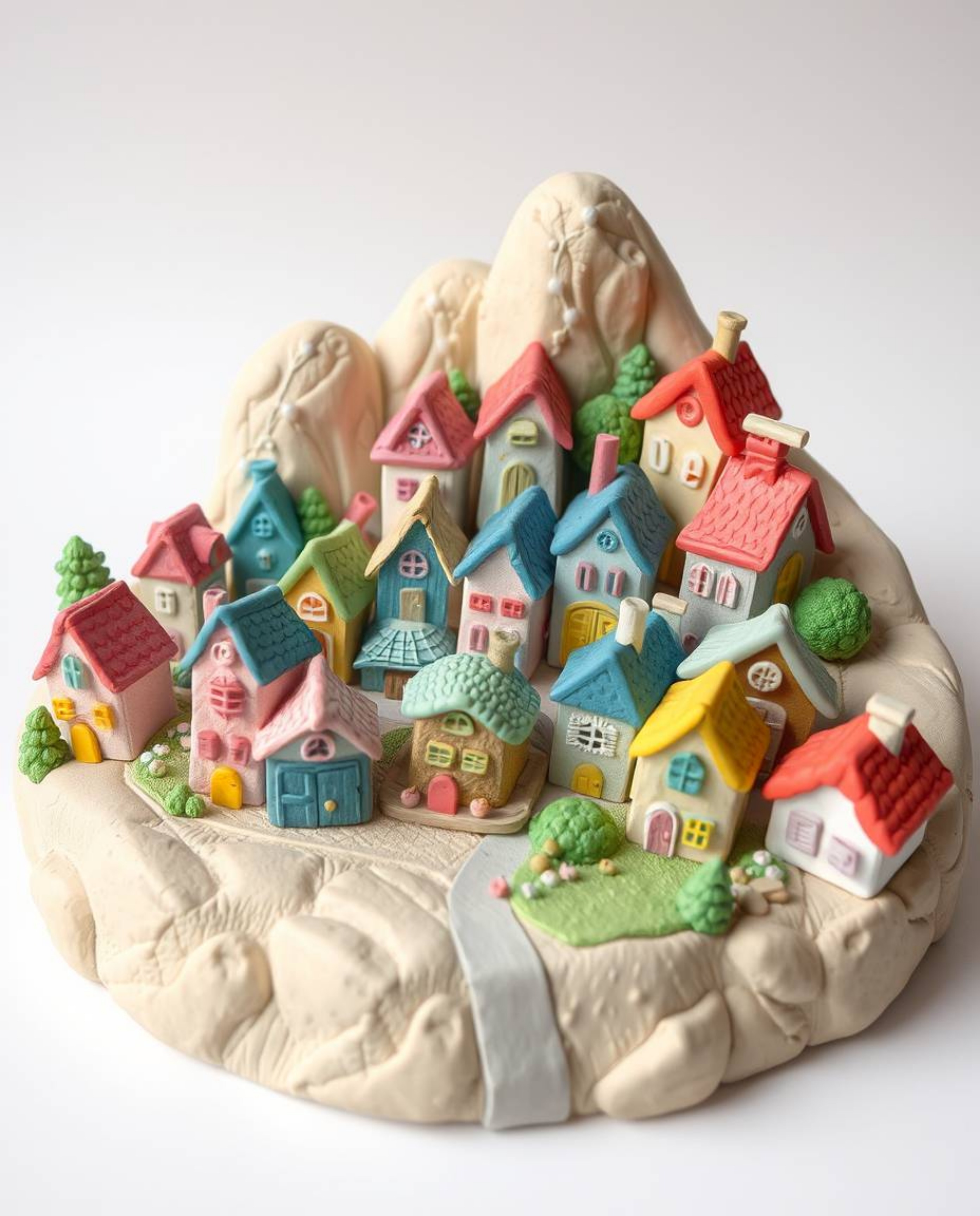 Discover enchanting sculptural clay art depicting a sleepy town in a vibrant watercolor style.  Pastel-colored houses with mo