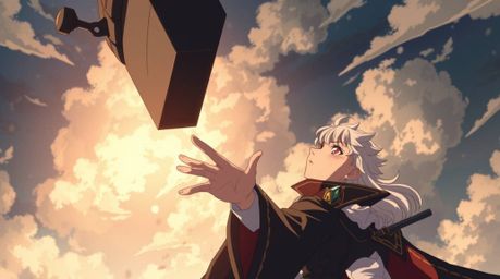 An isekai anime style depiction showcasing an anvil about to drop on a trickster character, rendered with a graceful and eleg