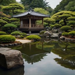 Escape to a serene Japanese Zen garden, featuring traditional wooden tea houses and a tranquil pond. Surrounded by lush green