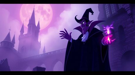 A captivating dreamy illustration depicts a classic Disney villain casting a spell within an ancient castle. The artwork fea