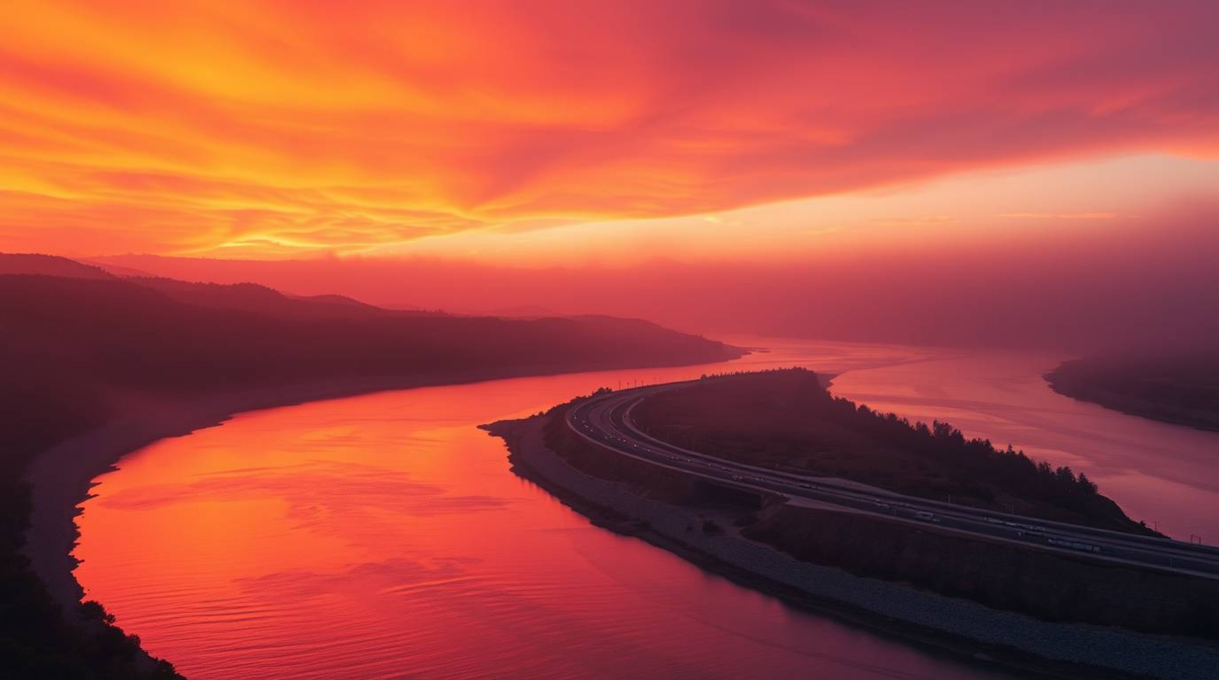 This unusual and original fine art photograph captures a winding river glowing under a dramatic orange-pink sky.  The image f