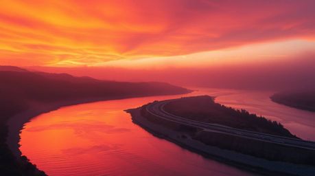 This unusual and original fine art photograph captures a winding river glowing under a dramatic orange-pink sky.  The image f
