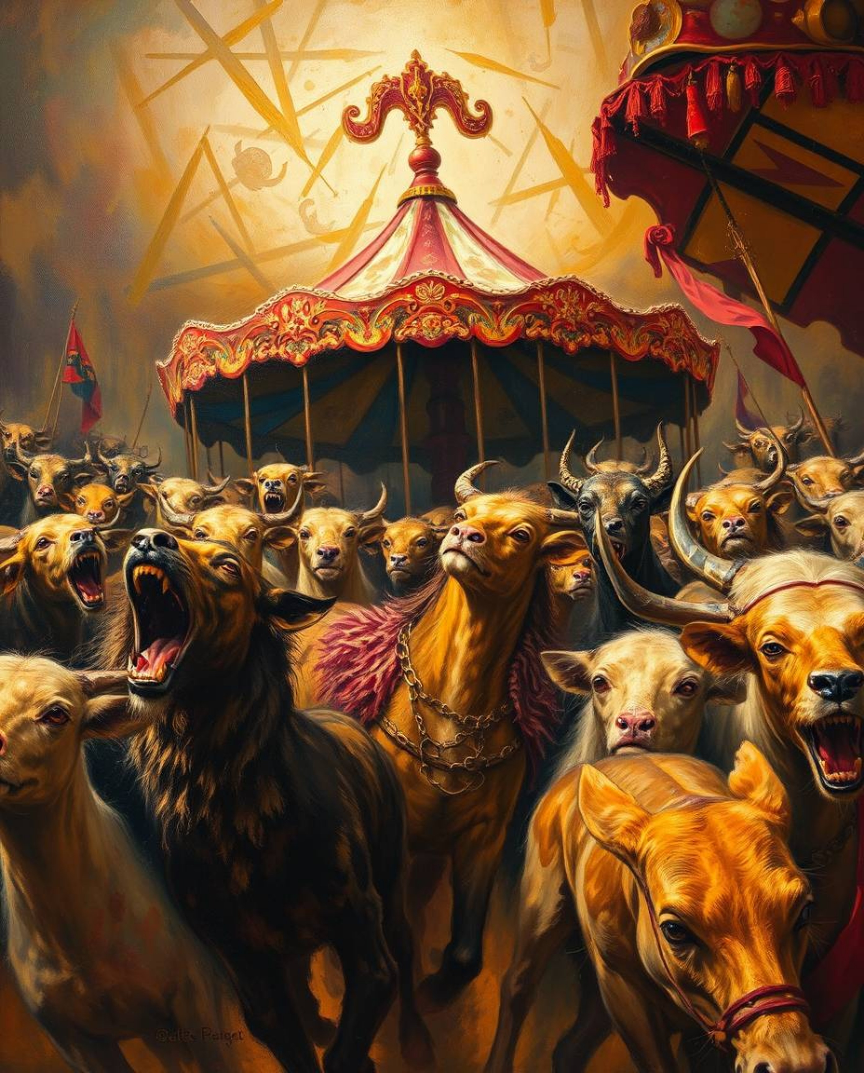 This classic oil painting depicts a captivating carnival scene unexpectedly overrun by wild animals.  The artwork is characte