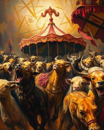 This classic oil painting depicts a captivating carnival scene unexpectedly overrun by wild animals.  The artwork is characte