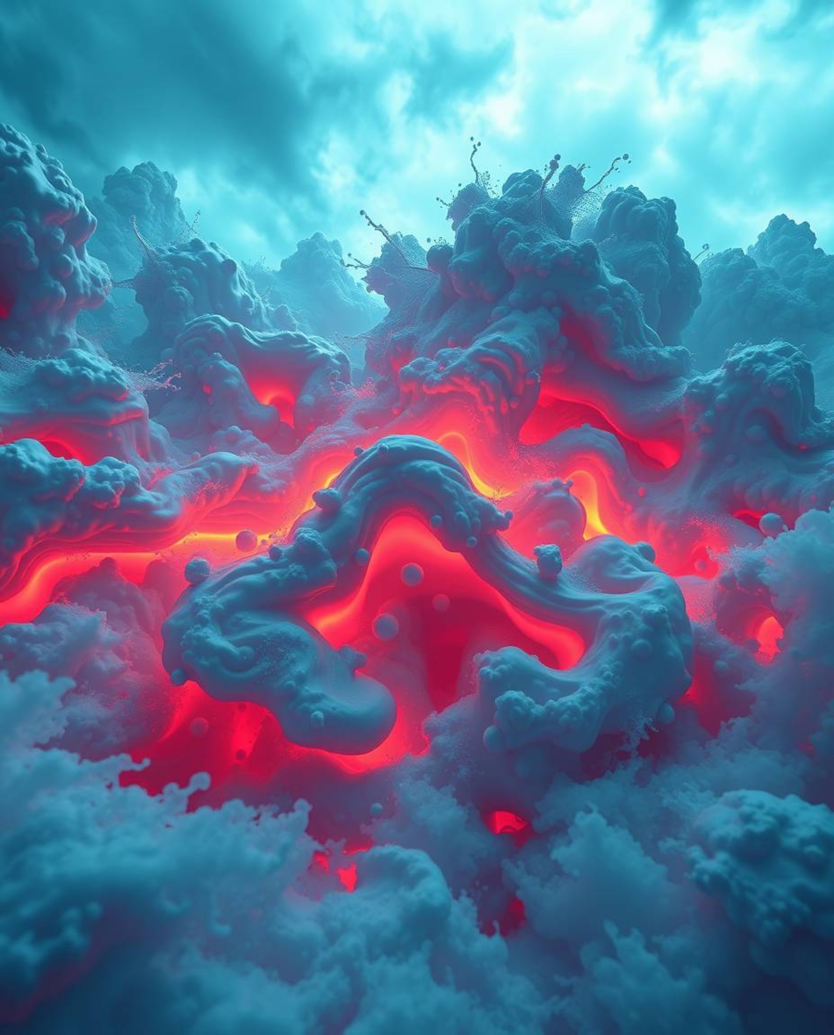 Immerse yourself in an intense and dramatic weather experience surrounding futuristic 3D fluid shapes. These shapes are highl