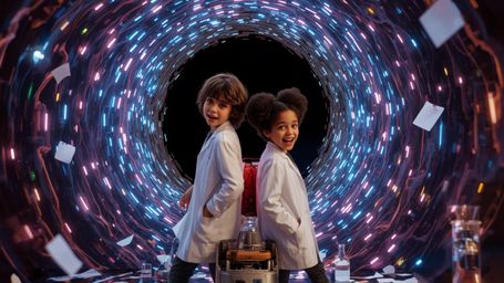 In a vibrant, playful, and chaotic cinematic photo reminiscent of Pixar's fantastical realism, two excited science fair stude